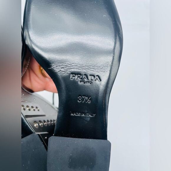 Prada Metallic Grey T Strap Metal Embossed Wedge Sandals Runway 2014 EU 37.5 - Picture 13 of 16